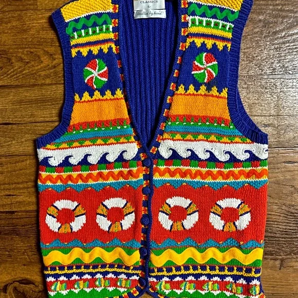 Marisa Christina ~ Large ~ Hand Knitted ~ Orange/Yellow/Blue ~ Ocean/Fish ~ Vest - Picture 3 of 16